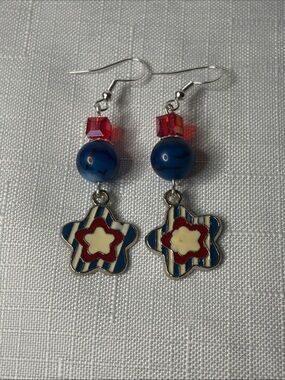 Patriotic Star Dangle Earrings with Blue Bead and Red Crystal